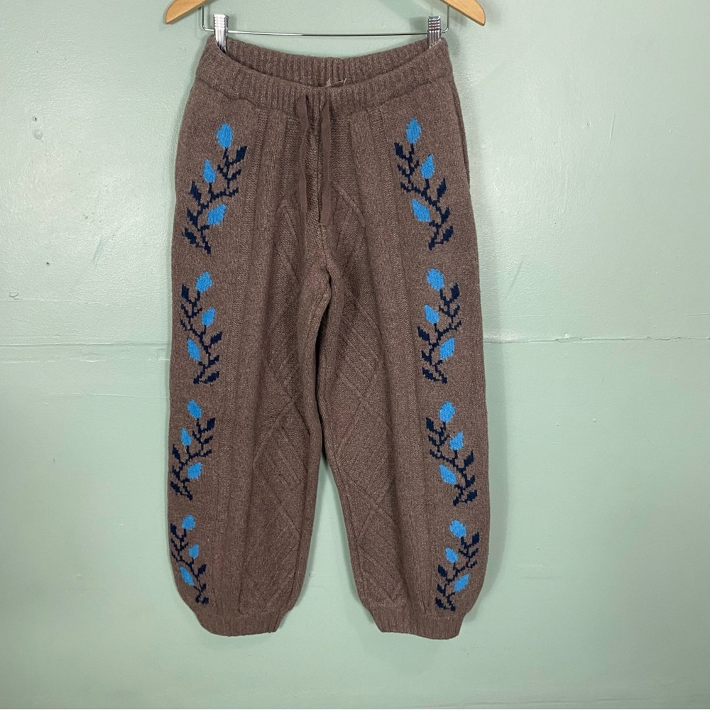 Free‎ People Greet Knit Pant Set Cardigan Butterfly Sweater XS Brown Blue - Picture 6 of 9